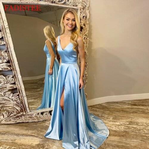 Sexy Deep V-neck Prom Party Evening Dresses Satin Side Slit Vestido De Noiva Robe De Soirée De Mariage فساتين السهرة