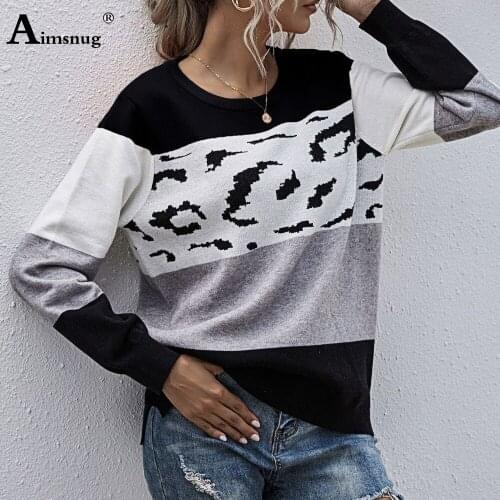 Aumsnug Knitting Sweater Women Autumn 2020 Casual Tops Long Sleeve Patchwrok Color Pullovers Sweaters Femme Winter Warm Clothes