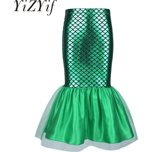 Kids Girls Princess Dress Glossy Fish Scale Printed Mermaid Tail Walkable Skirt Costume for Cosplay Fancy Dress Party Children