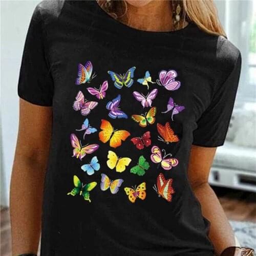 Women Short Sleeve Tee Shirt Casual Color Monarch Butterfly Print T-shirt Ladies Harajuku Tops Trendy Round Neck Female T-shirts