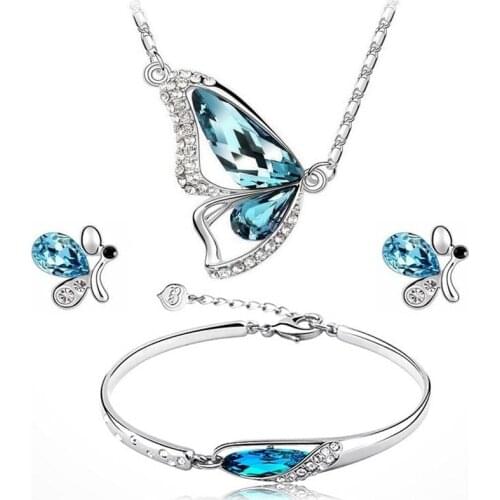 Cute Female Blue Crystal Jewelry Set Charm Silver Color Stud Earrings For Women Dainty Butterfly Bracelet Wedding Chain Necklace