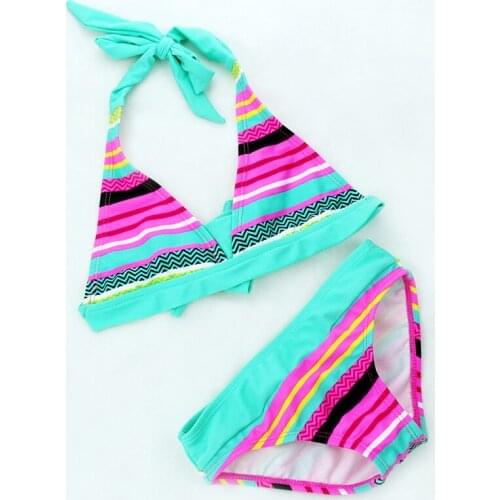 Girls 2 Pieces Swimwear Children Bikini Set 8-16Y Kids Swimsuit with Multi Color Striped Teens Bathing Suit Younth Swimpool Wear