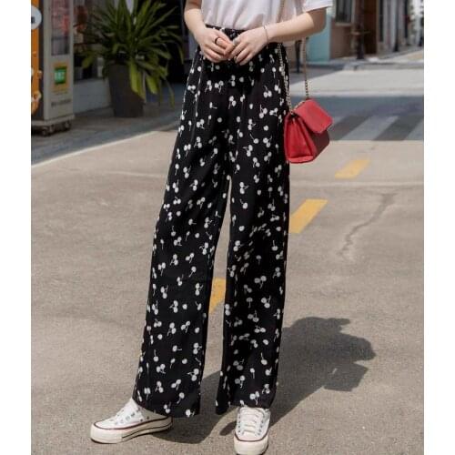 Summer Korean High Waist Chiffon Pants Women Small Daisy Wide Leg Pants Women Lace Up Elastic Waist Trousers Womens Pants