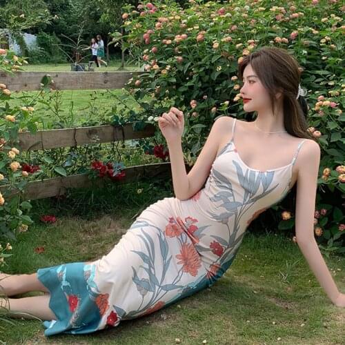 Fashion Summer Retro Strap Maxi Party Dress Ladies Elegant Casual French Romantic Sleeveless Print Beach Vacation Bodycon Dress