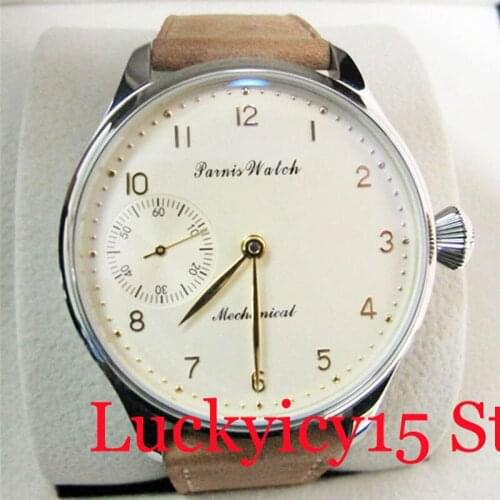 Fashional PARNIS 44mm Mechanical Mens Watch Hand Winding 6497 Movement