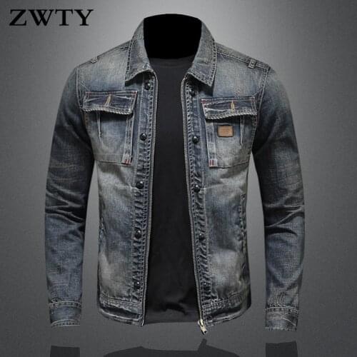 ZWTY Brand New Men Denim Coat Vintage Cowboy Slim Tops Long Sleeve Casual Zipper Jacket Plus Size 5XL Classic Jean Outwear Male