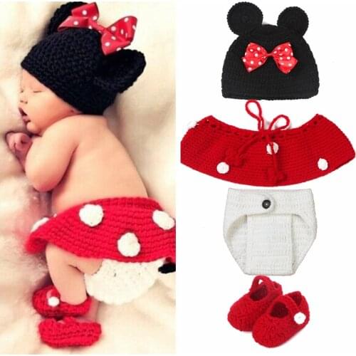 Hand-woven Baby Clothing Sets Cute Boy Girl Mickey Clothes Baby Crochet Knitting Suit Photo Props Cartoon Cosplay Costumes