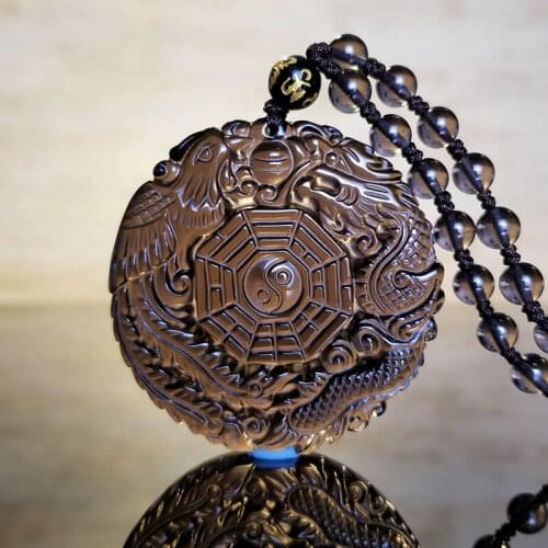 Natural Ice Obsidian dragon Phoenix Eight-Diagrams Pendant Necklace Charm Jewellery Fashion Hand-Carved man Luck Amulet Gifts