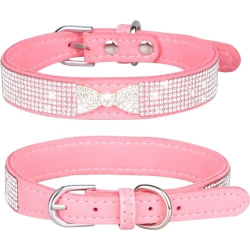 Chihuahua Yorkshire Dogs Collars Bling Rhinestone Dog Cat Collars Adjustable Leather Bowknot Kitten Pet Collar Pink