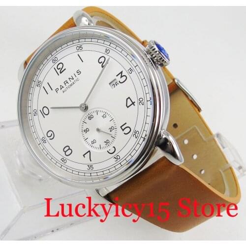 PARNIS Brand 42mm Men Watch Auto Date Adjustment Automatic Movement Leather Strap Round Polished Case