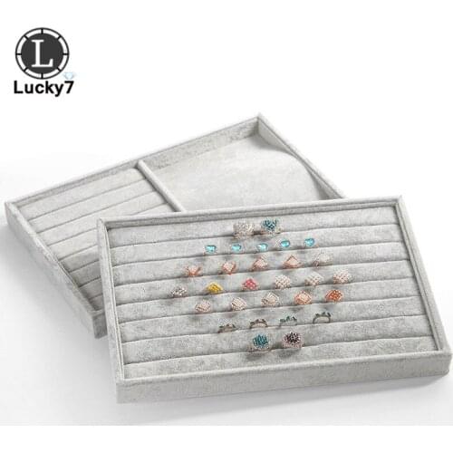 Gray Velvet Jewelry Display Tray for Necklace Pendant Organizer Box Wooden Flat Stackable Tray Holder Storage Showcase