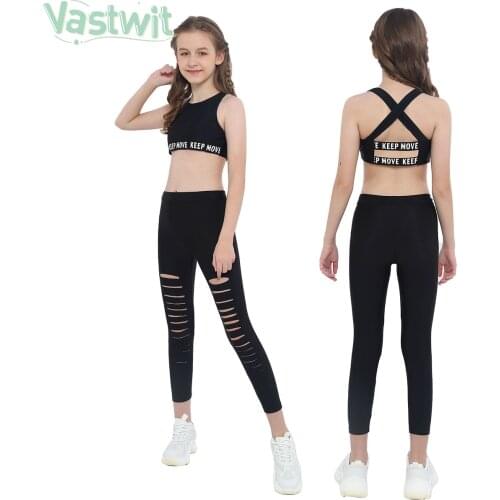 Kids Girls Tracksuit Outfit Letter Printed Tank Crop Tops+Leggings Pants for Gymnastics Stage Performance Workout Sports Suits