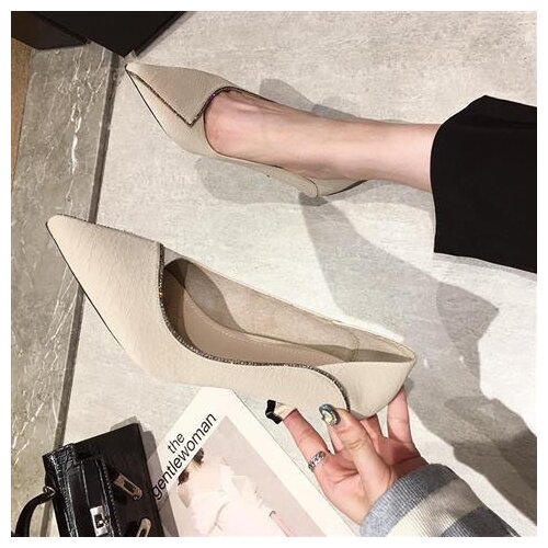 Soft leather high heels womens spring and autumn new ladies French girls non-grinding rhinestone stiletto pointed toe shoes