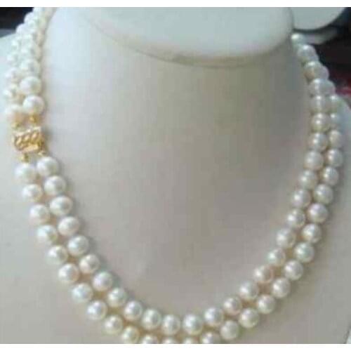 Jewelry Pearl Necklace hot 2 row 7-8MM AKOYA REAL WHITE PEARL NECKLACE 17-18 inch Free Shipping