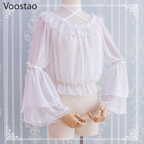 Spring Japanese Style Lolita Chiffon Shirts Girly Lace Slash Neck Flare Sleeve Tops Summer Women Sweet Blouses Wear With Dress