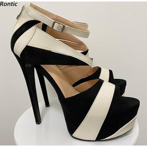Rontic Handmade Women Platform Sandals Ankle Strap Back Zipper Stiletto Heels Open Toe Pretty Beige Party Shoes US Size 5-20