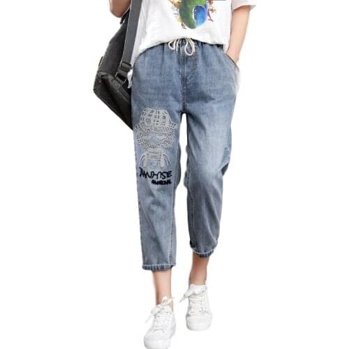2020 Summer Fashion Style Ladies Luxury Embroidery Jeans Womens Vintage Casual Elastic Denim Trousers Loose Cropped Harem Pants