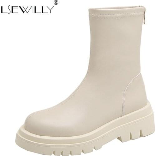 Lsewilly Women Short Boots Fashion Platform Pu Leather Platform Heel Winter Shoe Woman Elastic Casual Lady Footwear Size 43
