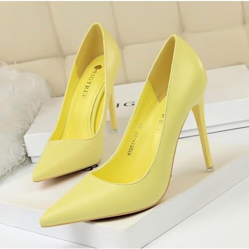 Koovan Womens Pumps 2020 Soft Leather Shallow Womens High Heels Shoes Candy Colors Pointed Toe Show Thin Female Office Shoe