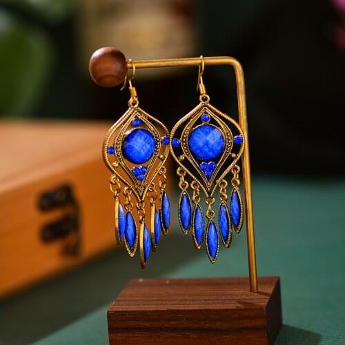 Womens Exaggerated Hollow Water Drop Tassel Earrings Indian Jhumka Jewelry Vintage Bohemia Ethnic Style Blue Rhinestone Earring