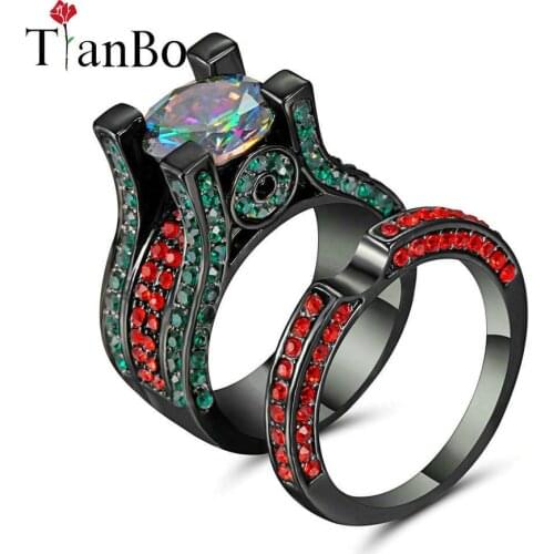 TianBo Silver/Black/Gold Color Luxury 2 Round Wedding Ring Set Purple/Rainbow Zirconia Jewelry for Women As Chirstmas Gift Size8