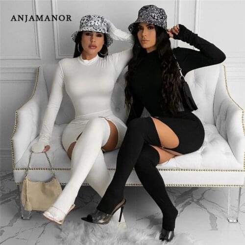 ANJAMANOR Sexy Long Sleeve Bodycon Dress with Hook Socks Black White Club Party Outfit Celebrity Mini Dresses for Women D85-CZ27