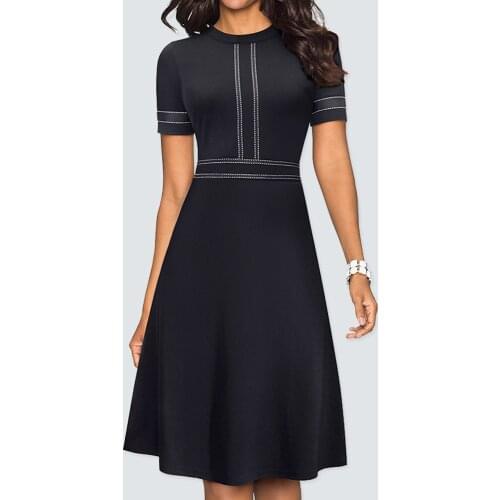 New Summer Brief O-Neck A-Line Office Dress Elegant Casual Sheath Formal Flare Women Dress HA140