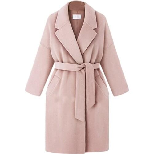 Women Wool Coat with Belt Solid Color Long Sleeve Elegant Long Outerwear Ladies Overcoat Autumn Winter Vintage Coat