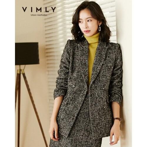 Vimly Winter Womens Wool Coats and Jackets Elegant Notched Double Breasted Office Lady Blazers F3032