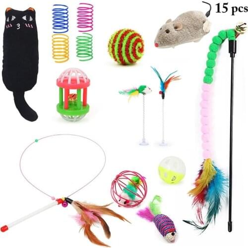 15PCS Cat Toys Set Interactive Cat Mouse Toy Kitten Wand Toy Cat Spring Toy Cat Fake Feather Toy Cat Chase Funny Toy