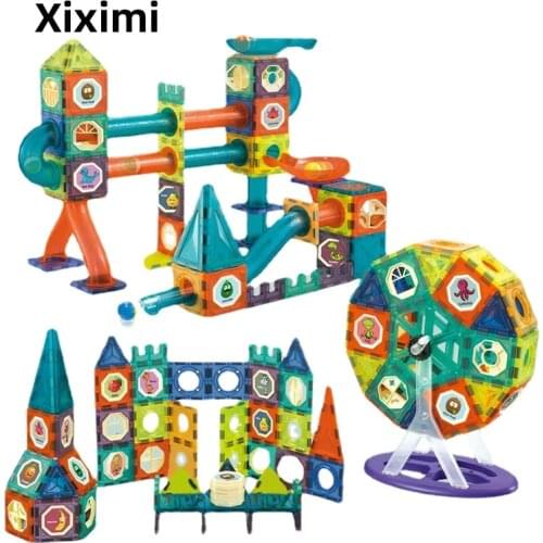 49-110pc Magnetic Sheet Building Block Magnet Maze Race Run Ball Marble Track Funnel Slide Brick Education DIY Toys for Children