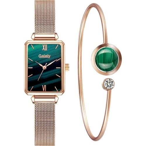 Gaiety Brand Women Watches Fashion Square Ladies Quartz Watch Bracelet Set Green Dial Simple Rose Gold Mesh Luxury Women Watches