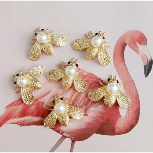 10pcs/lot Gold Alloy Bee Pearl Button Dress Decorative Hair Embellishment Button