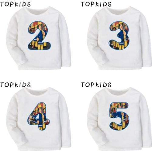 2021 Boys Girls Birthday Fireman Sam Cartoon Number 1-9 Bow Print T shirt Kids Long Sleeve T-shirt Baby Funny Clothes,LKP2458