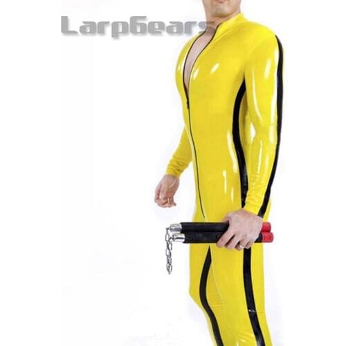Men Yellow with Black Strip Latex Catsuit Fetish Rubber Bodysuit With Front Crtoch Zipper