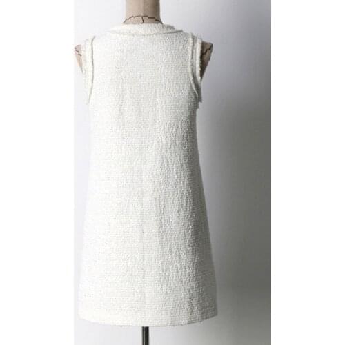 Elegant Women Tweed Dress Fashion Sexy Sleeveless Beading Summer Dresses Office Lady Work Clothes White O-Neck Dress Female New
