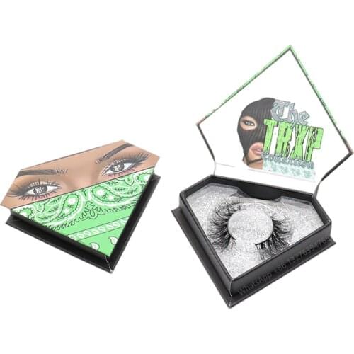 Custom Print Logo Eyelash Boxes Green Bandana Diamond Eyelash Packaging Makeup Mink Eyelashes 100% Cruelty Free 3D Mink Lashes