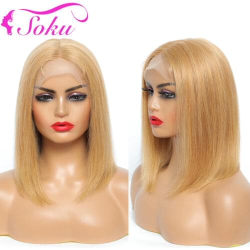 Short Bob Human Hair Lace Wigs SOKU Honey Blonde Brazilian Straight 13x1 Lace Part Wigs For Black Women 180% Density Lace Wig