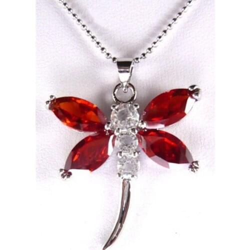 Red Cubic Zirconia White Crystal Dragonfly Pendant & Necklace