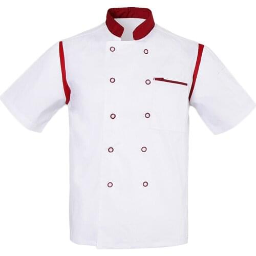 Men Women Executive Chef Jacket Tops White Red Air Mesh Short Sleeves Double-breasted Restaurant Cook Coat Work Wear