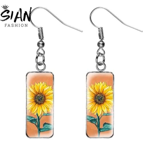 SIAN 2021 Van Gogh Sunflower Hook Earrings Women Girl Fashion Metal Female Romantic Ear Rings Jewelry Accessories Birthday Gift