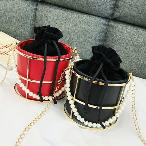 Fashion Women Bucket Bags Designer Luxury Pearls Beaded Handle Women Handbags Chain Shoulder Crossbody Bags Evening Clutch Purse