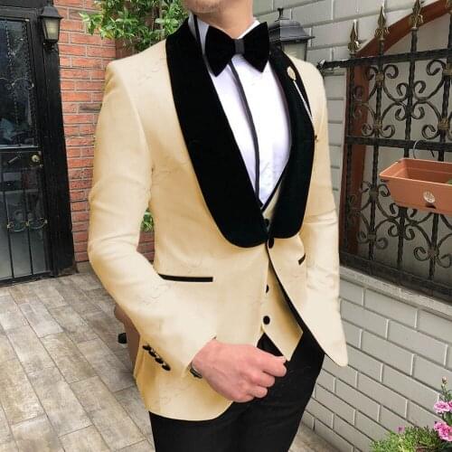 One Button Men Suits Beige and Black Groom Tuxedos Shawl Velvet Lapel Groomsmen Wedding ( Jacket+Pants+Vest+Bow Tie ) D260