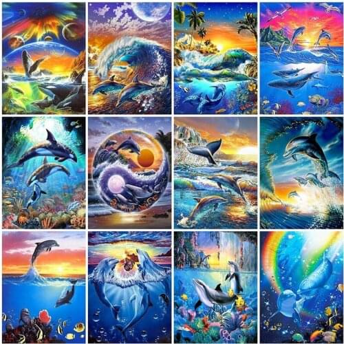 5D DIY Diamond Painting Kits Dolphin Full Round With AB Drill Rhinestone Mosaic Diamond Embroidery Animals Kit Home Decor Gift