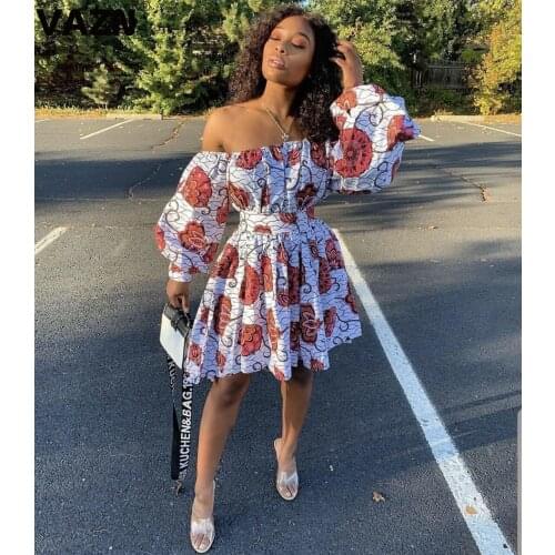 VAZN New 2021 Off Shoulder Clear Fresh Sexy Regular Dress Women Elegant Print Dress Slim Dress Club Birthday Shinny Dress