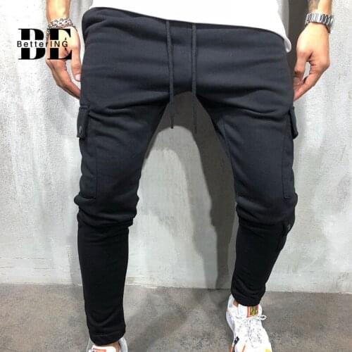Autumn/winter 2021 New fitness fall wear Tide mens casual pants overalls multi-pocket black and green solid cotton pants