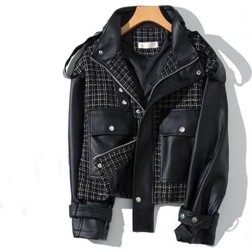 2021 Spring Autumn New Product Splicing Leather Jacket Women Coat Korean Fashion Trend All-Match Black