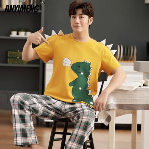 Pyjamas Men 4xl 5xl Sleepwear Big Size Males Nightwear Cartoon Design Dinosaur Printing Chic Home Clothes Cotton Summer Pajamas