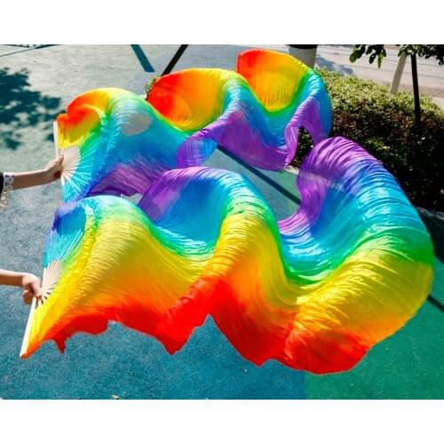High Quality 100% Silk Stage Performance Props 1 Pair Dancing Silk Bamboo 180cm Long Silk Veils Fan Belly Dance Rainbow