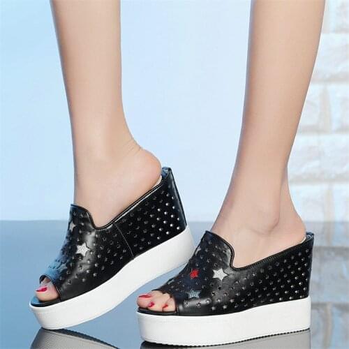 Outside Slippers Women Genuine Leather Wedges High Heel Gladiator Sandals Female Hollow Open Toe Fashion Sneakers Casual Shoes